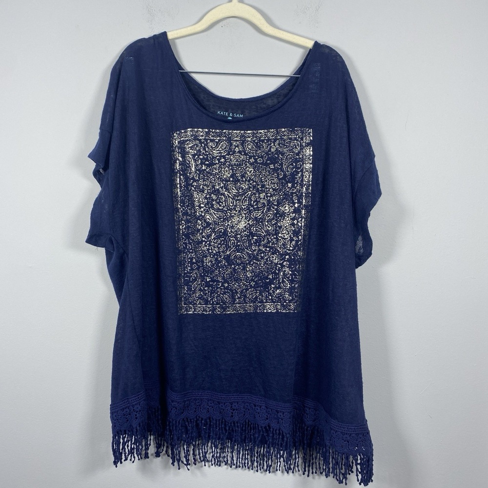 Kate & Sam Womens Plus 2X Blue Graphic Pullover Sweater Fringe Hem Casual Office